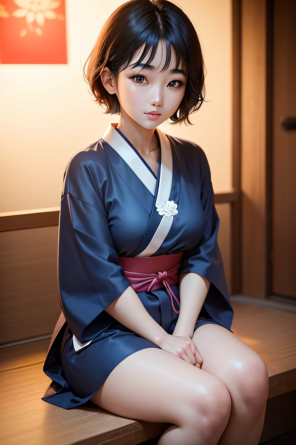 (Best quality: 1.5), (Realistic: 1.5), (1 person: 1.5), (Very detailed), (High resolution), 8k, shoot from below, (Japanese woman), (medium breasts), natural colored lips, cute smile, 20 year old girl, (beautiful and elaborate face), (perfect and beautiful face), (big eyes), (beautiful and elaborate face), (left and right balance) Beautiful eyes), Beautiful double eyelids, Perfect and beautiful face, Thin arched eyebrows, Slim face, (Slim figure), Beautiful thin nose, Beautiful skin, (Medium bob hair), Natural bangs, Fair skin, Front view lighting, (lighting the face), dark eyes, slim waistline, slender beautiful legs, high-class obi, beautiful collarbone, High-end kimono, beautiful shoulders, beautiful breasts, (kimono that shows off her beautiful breasts, (A kimono that shows cleavage), (off shoulders kimono), off shoulders, (straddle on pillow), Exposing both shoulders, Beautiful and slim thighs, Hairless pussy,