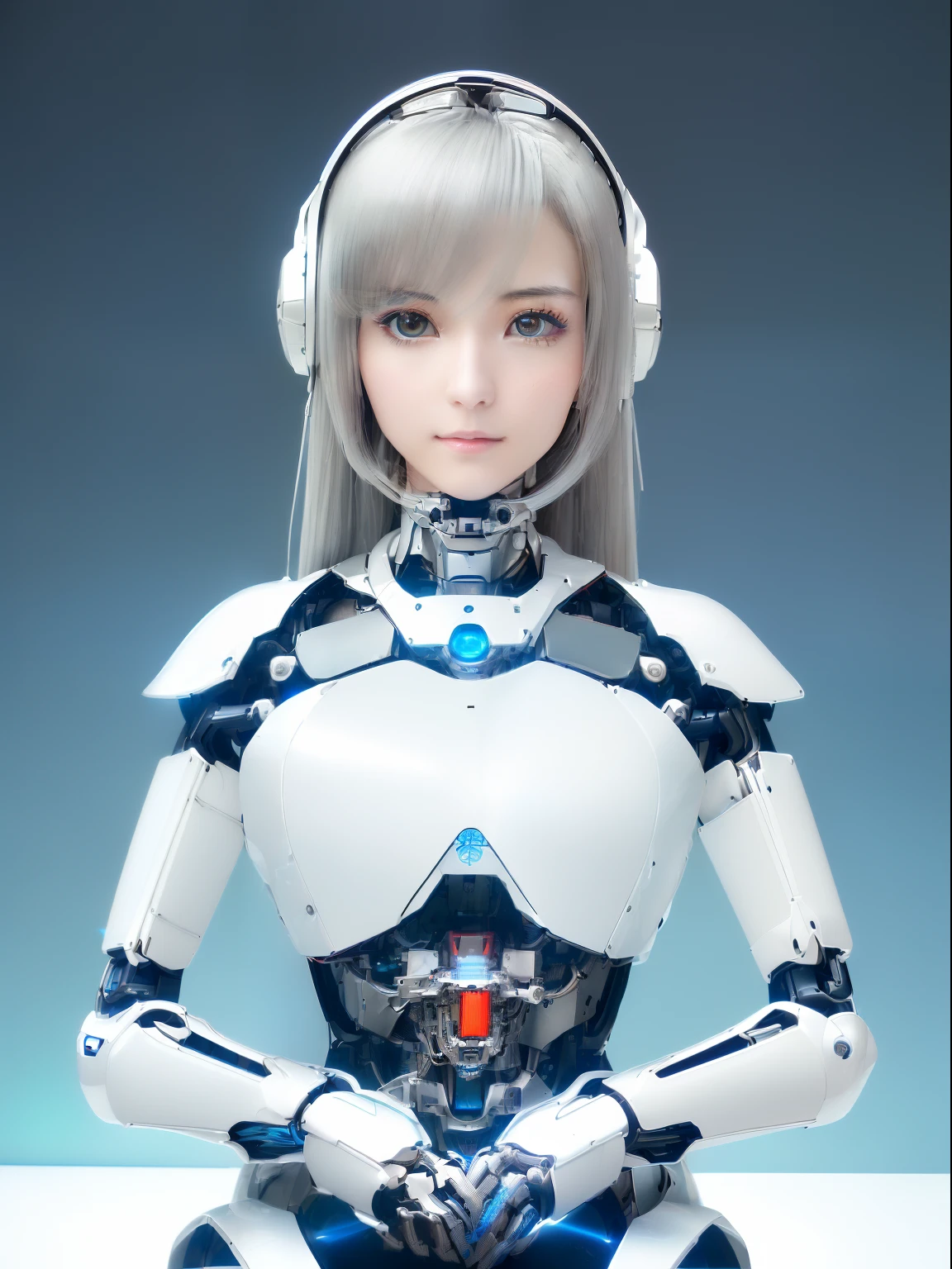((masutepiece)), ((top-quality), high quarity、ultra-definition, Realistic,  fulcolor 、One beautiful robot woman、Joints of machines、Frame of the machine、Thick wire joints、White porcelain mechanical armor、(Curvaceous face)、deadpan、straight haired、((Electronic substrate))、Sit in the box of the machine、facing back
