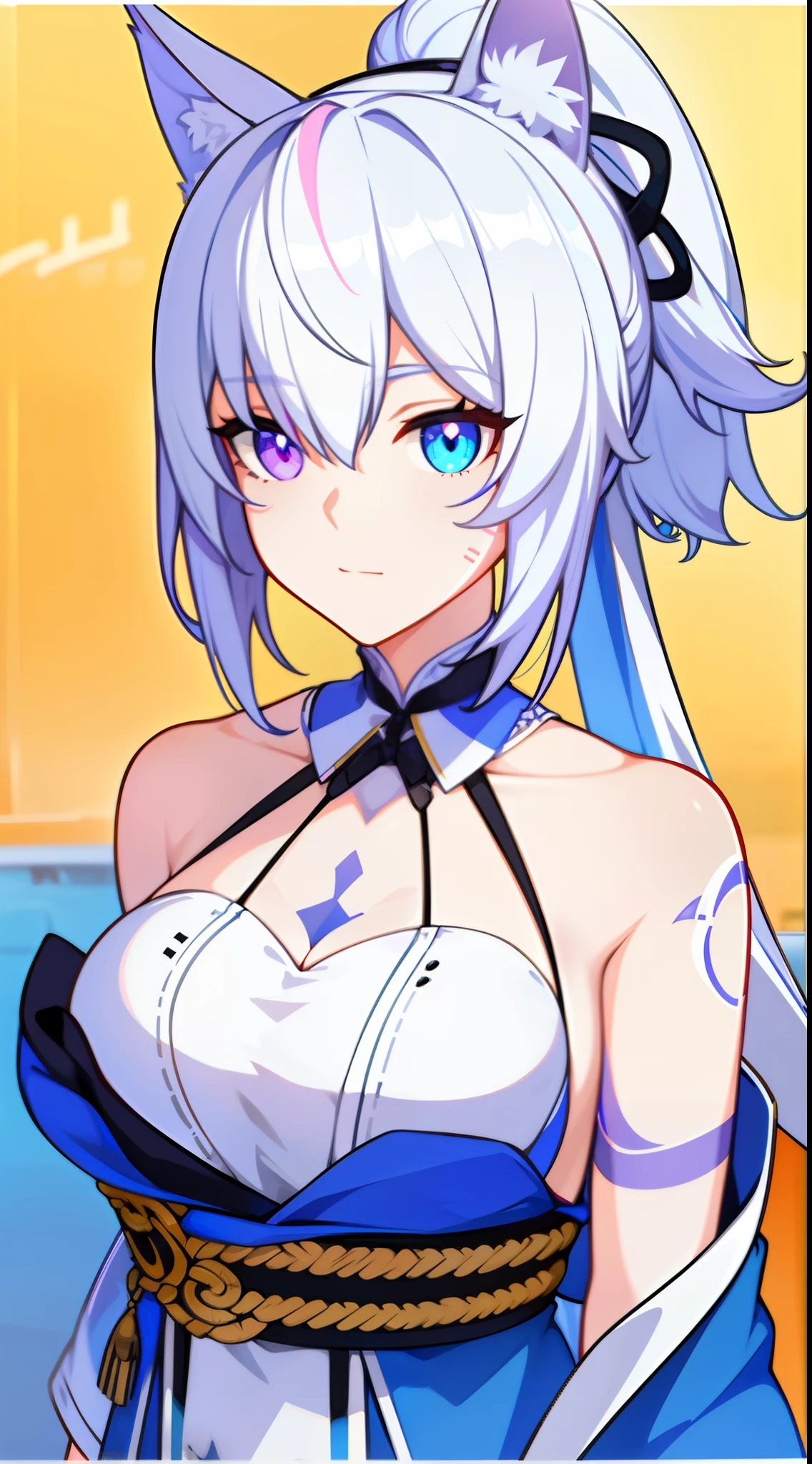 young girl, white colored hair, Cat's ears, high ponytail, Heterochromia, blue and purple eyes, Blue kimono, tattoo, Sleeveless, Deep neckline on the chest, open breasts, open shoulders, Masterpiece, hiquality, high detail, HD, 4k