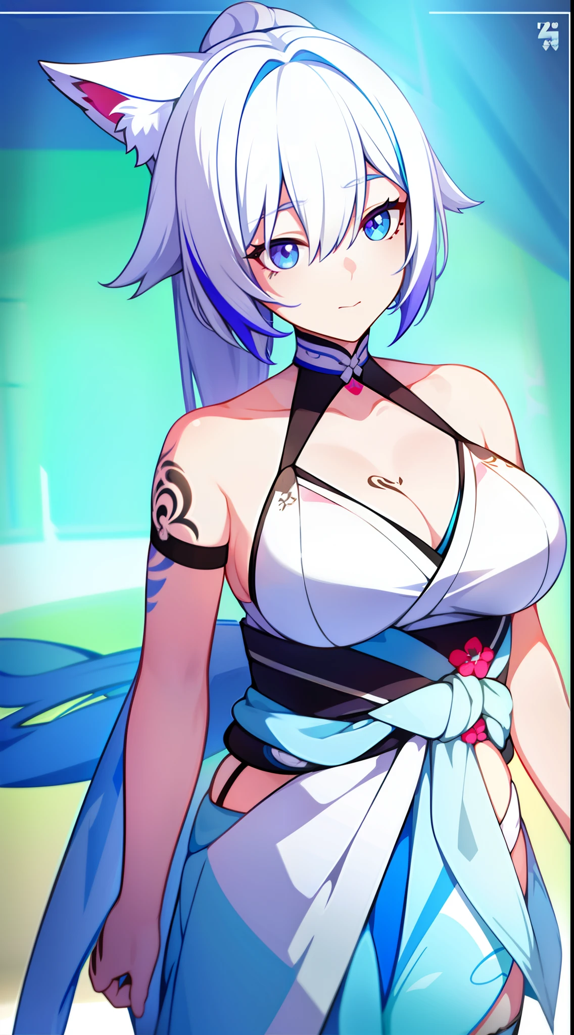 young girl, white colored hair, Cat's ears, high ponytail, Heterochromia, blue and purple eyes, Blue kimono, tattoo, Sleeveless, Deep neckline on the chest, open breasts, open shoulders, Masterpiece, hiquality, high detail, HD, 4k