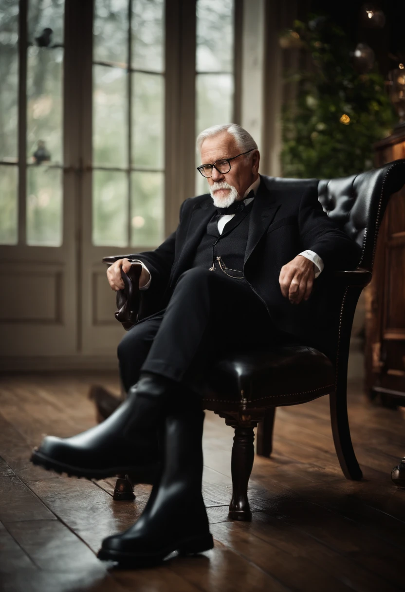 Old gentleman with a goatee，sit on chair，Eyes look at boots，Black high-gloss rain boots, 8K分辨率,Wallpaper masterpiece，Best quality，Highly meticulous，Ultra high quality