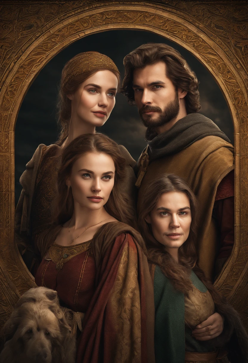 Extremely detailed poster image of four characters, two men and two women, ((medieval style, RPG Character Class)), 8K UHD, RAW photography, Digital Painting, Ultra Detailed, the golden ratio