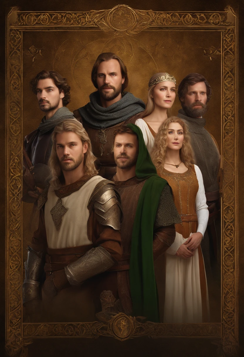 Extremely detailed poster image of four characters, two men and two women, ((medieval style, RPG Character Class)), 8K UHD, RAW photography, Digital Painting, Ultra Detailed, the golden ratio