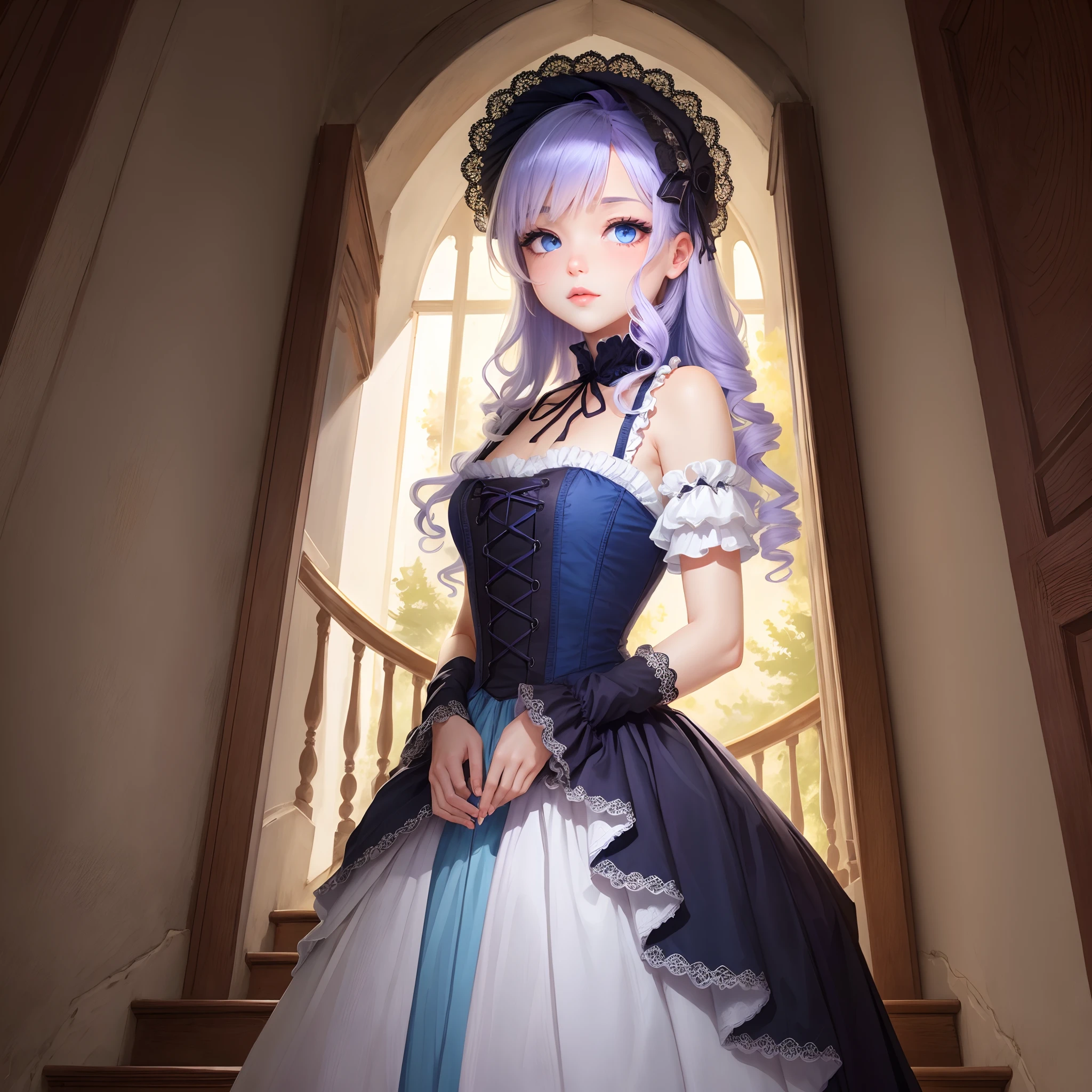 Light purple hair blue eyes hanging eyes goddess gothic lolita spiral staircase illustration