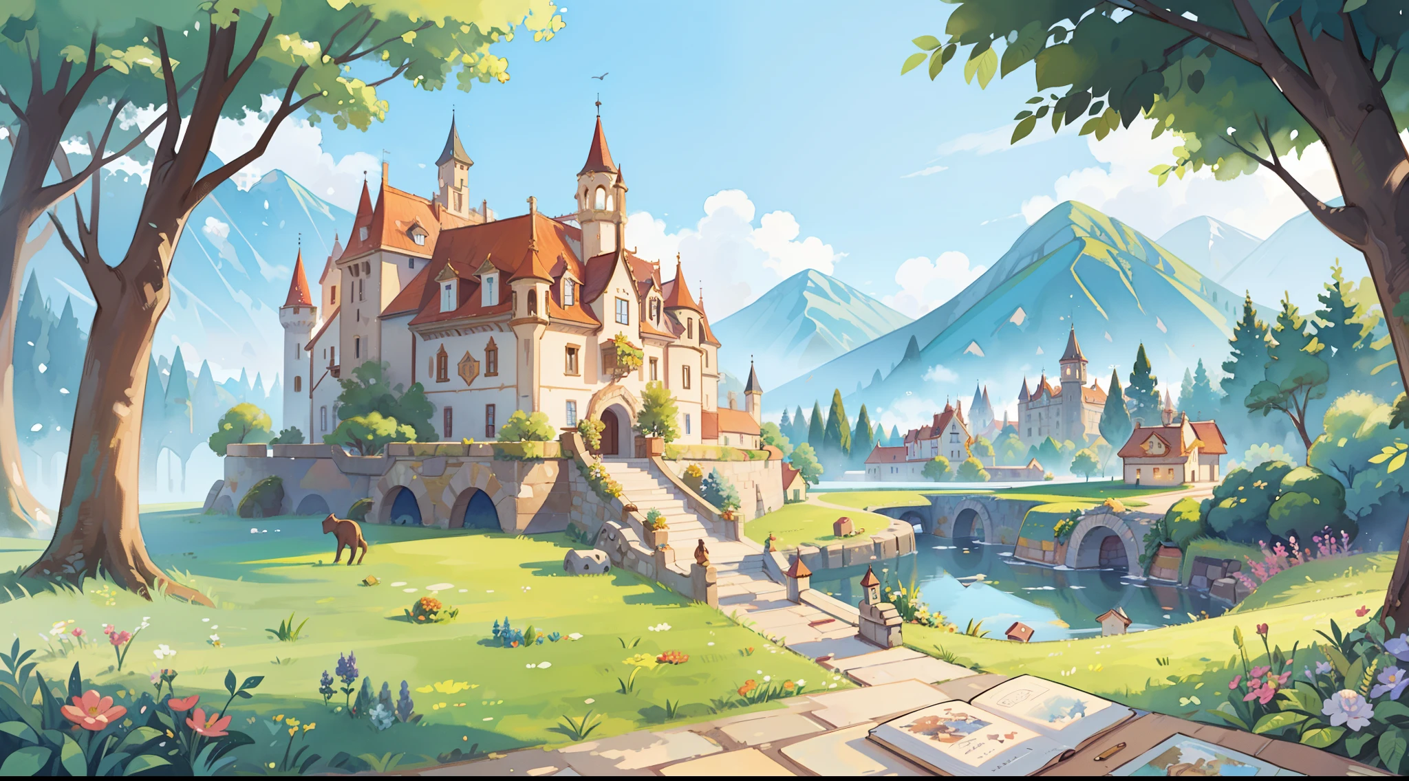 ((picture book illustration)), fantasy landscape, watercolor illustration, whimsical, warm colors, fairytale castle and village, ((princess castle)), fairytale medieval style houses, ((masterpiece)), highly detailed environment