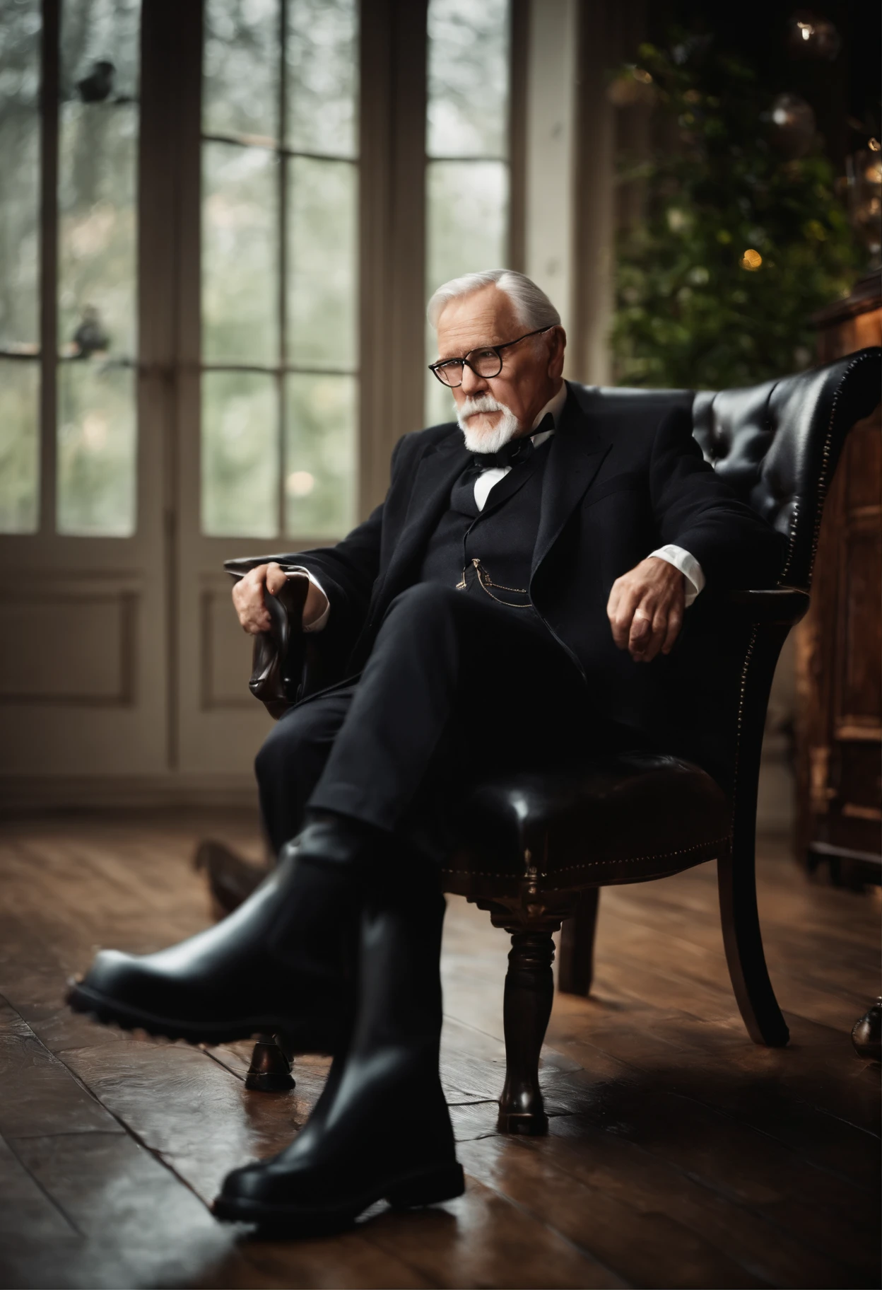 Old gentleman with a goatee，sit on chair，Eyes look at boots，Black high-gloss rain boots, 8K分辨率,Wallpaper masterpiece，Best quality，Highly meticulous，Ultra high quality