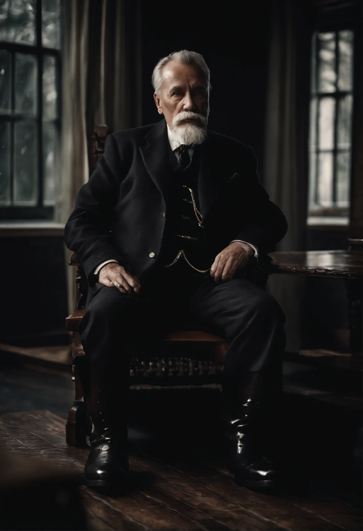 Old gentleman with a goatee，sit on chair，Eyes look at boots，Black high-gloss rain boots, 8K分辨率,Wallpaper masterpiece，Best quality，Highly meticulous，Ultra high quality