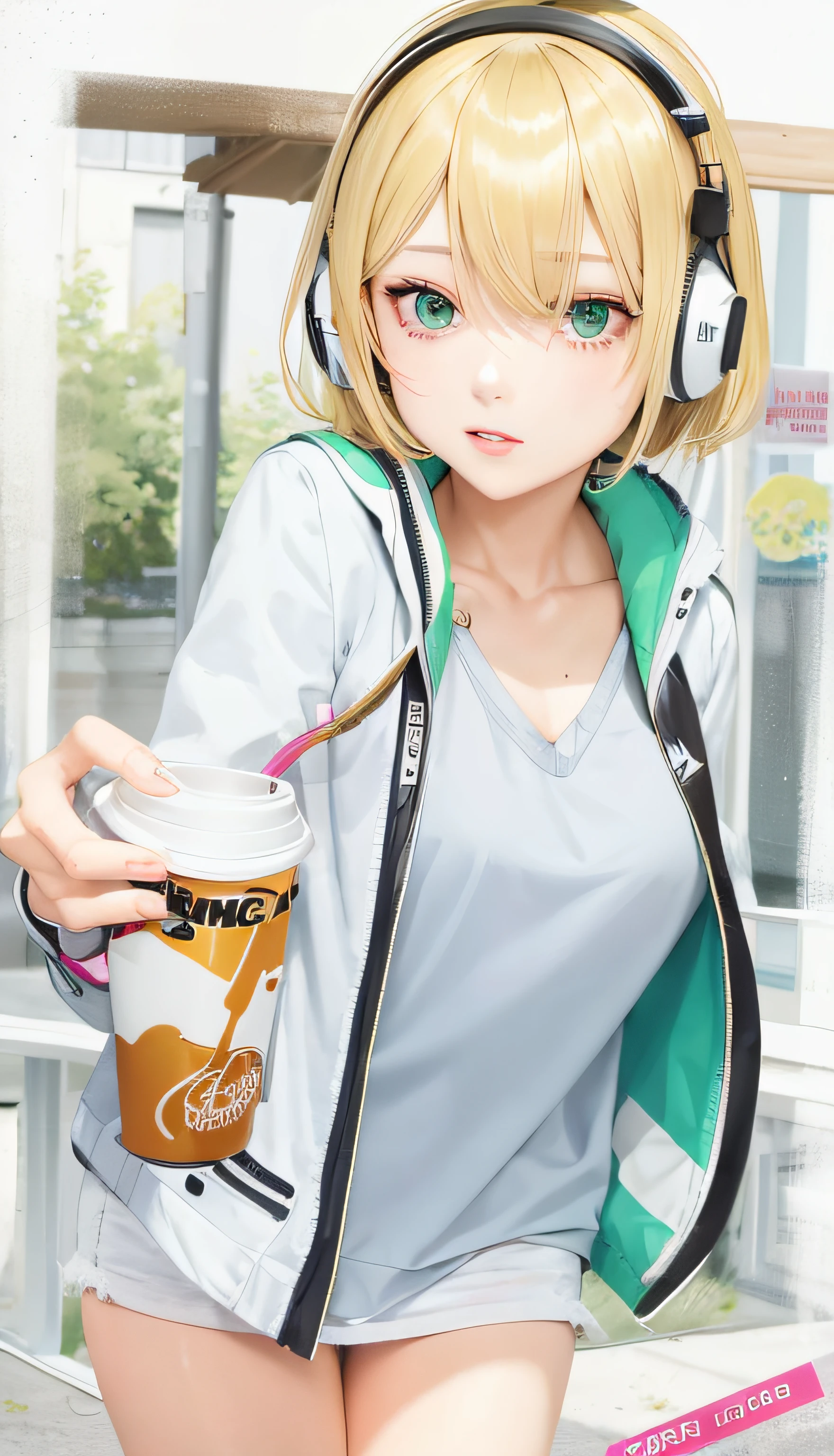 1girl, solo,  mature, realistic girl with a cup of coffee and headphones on,  anime girl drinks energy drink, bangs, blonde hair, green eyes, detailed face,
best quality, masterpiece, (realistic:0.9)