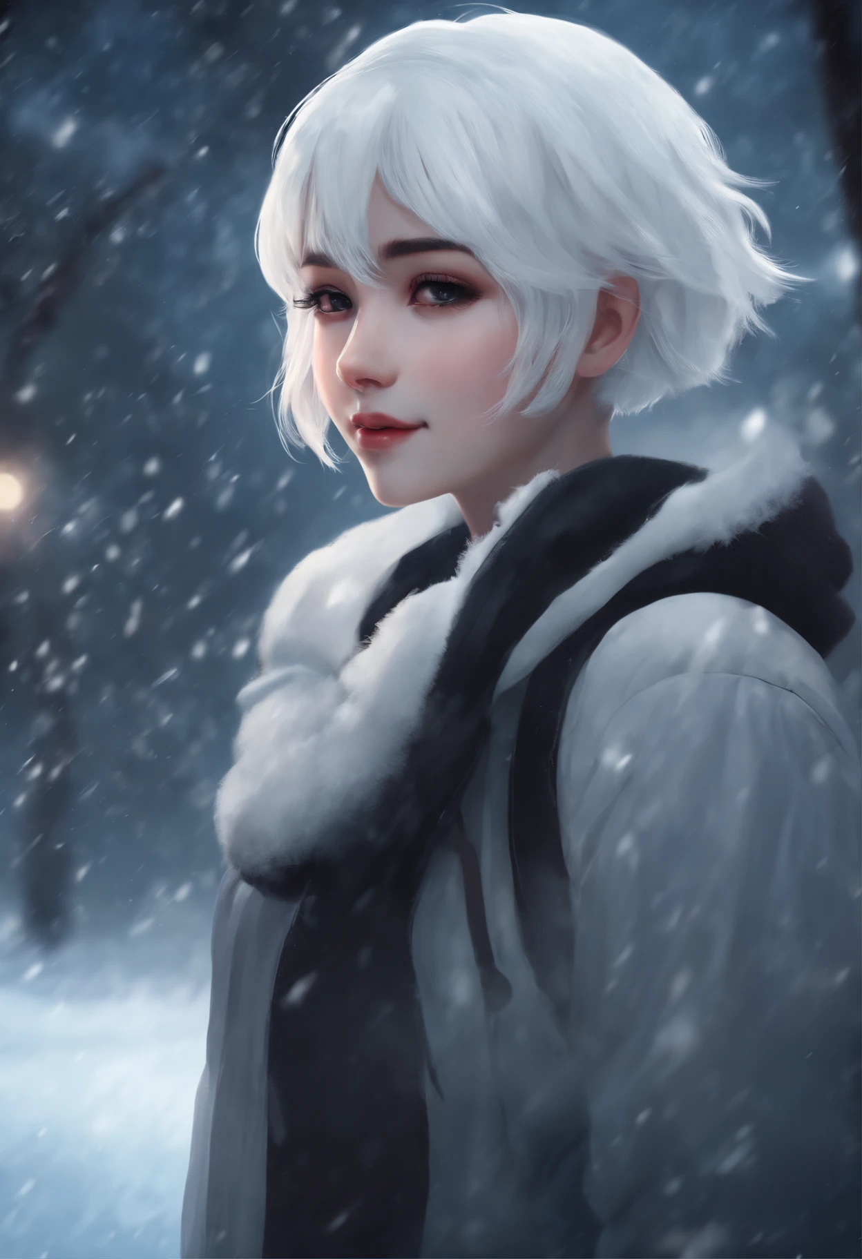 girl with short white hair anime style semi realistic psycho face smiling dark ambience, solitary, dark anime, background with snow, teen girl, semi realistic