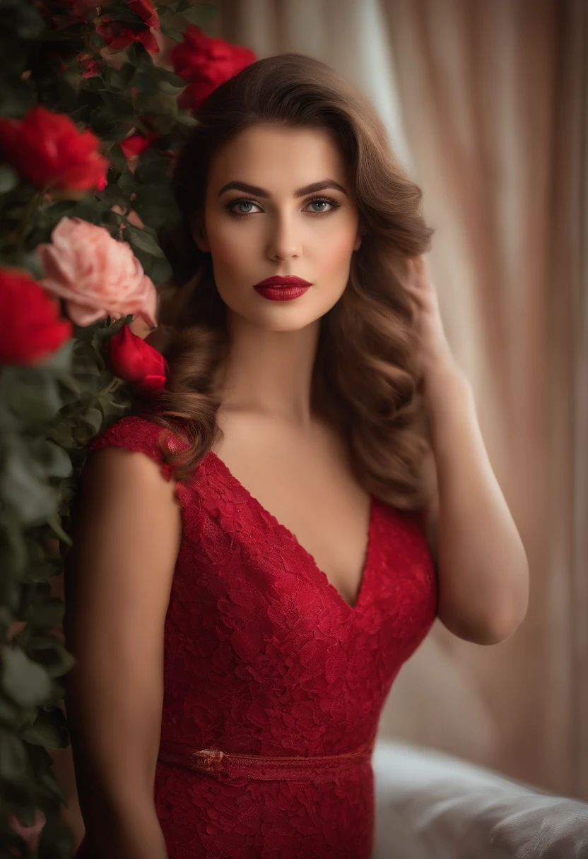 Femme aux Gros seins. Jeunes cheveux couleur rubis. Belle jeune femme.