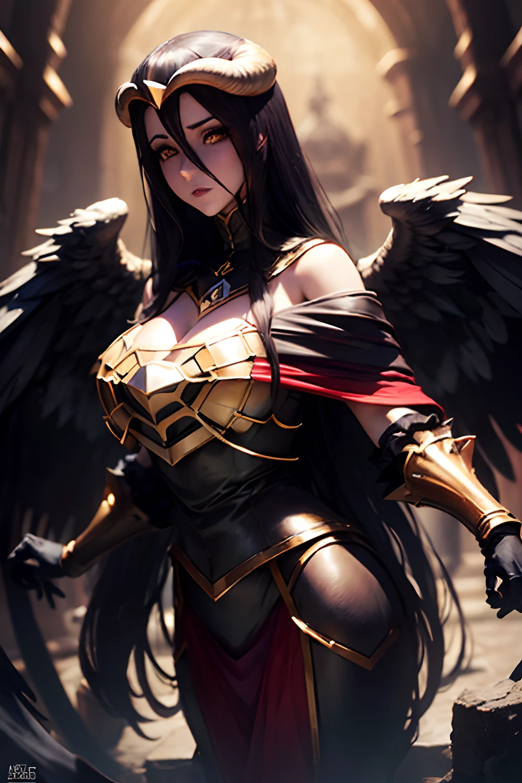 albedo /(Overlord), roupas luxuosas, roupa de rainha, roupa vermelha, usando coroa, fundo de castelo, rosto perfeito, olhos perfeitos, master part, circunstanciado