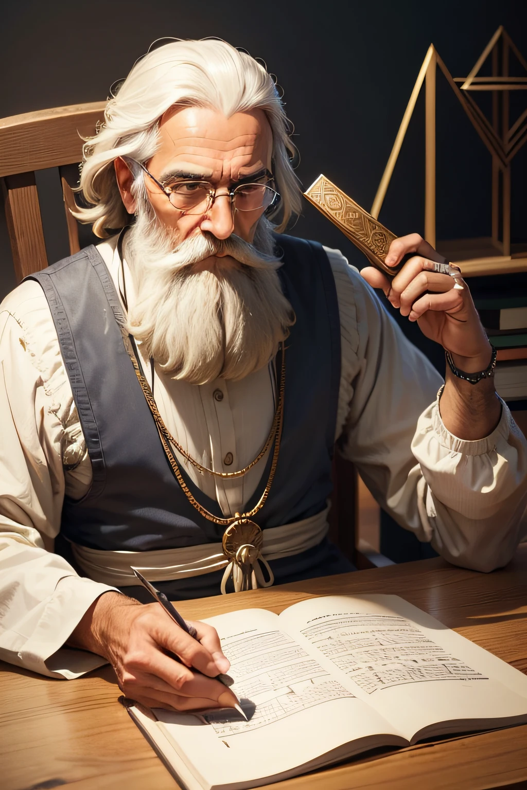crie um homem com barba e cabelo brancos, This man is a great sage, This man is sitting and on the table there is a square, he is a mathematician who created geometry;, ele tem um olhar de curiosidade, Freemason, ortodoxo,