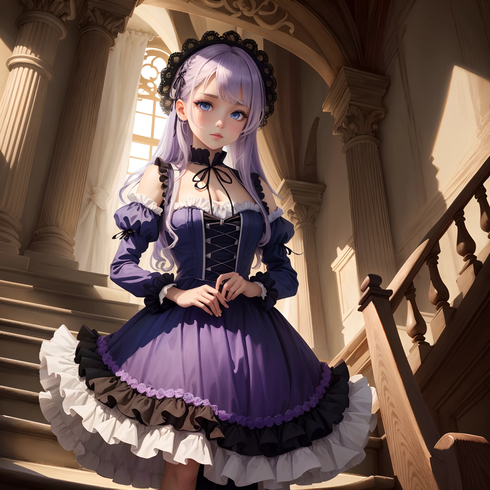 Light purple hair blue eyes hanging eyes goddess gothic ta spiral staircase illustration