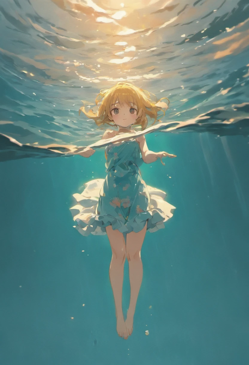 A girl falls into the water, letterboxed, partially underwater shot, wide shot, atmospheric perspective, panorama
