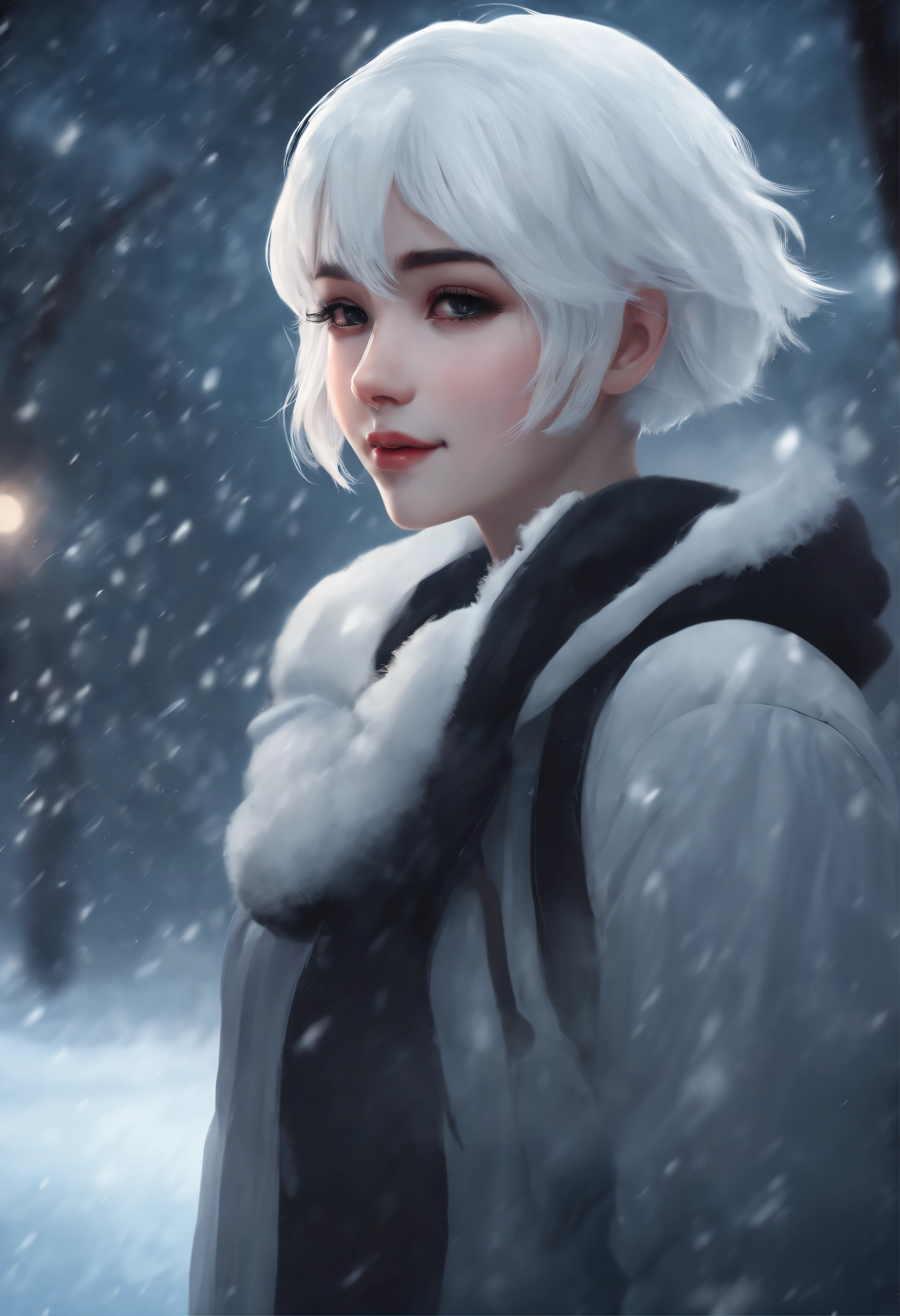 girl with short white hair anime style semi realistic psycho face smiling dark ambience, solitary, dark anime, background with snow, teen girl, semi realistic