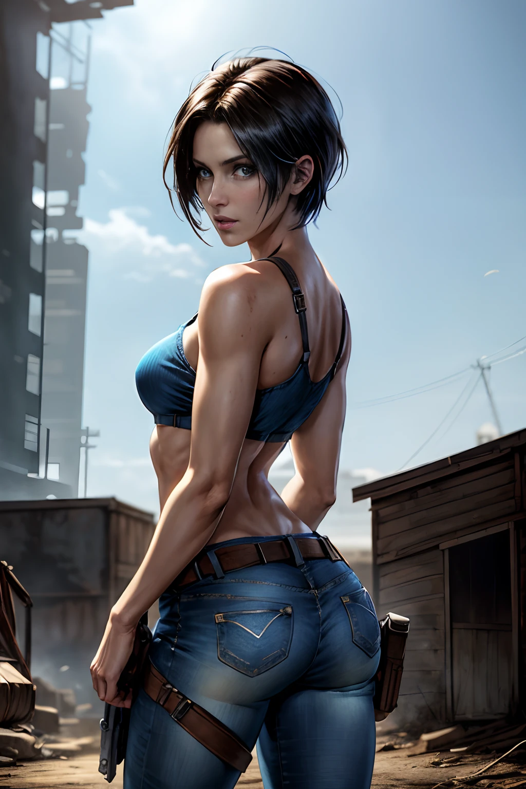 Cowboy shot of jill valentine, short hair, blue top, jean pant, backview, wide angle style resident evil,  zombie apocalypse background