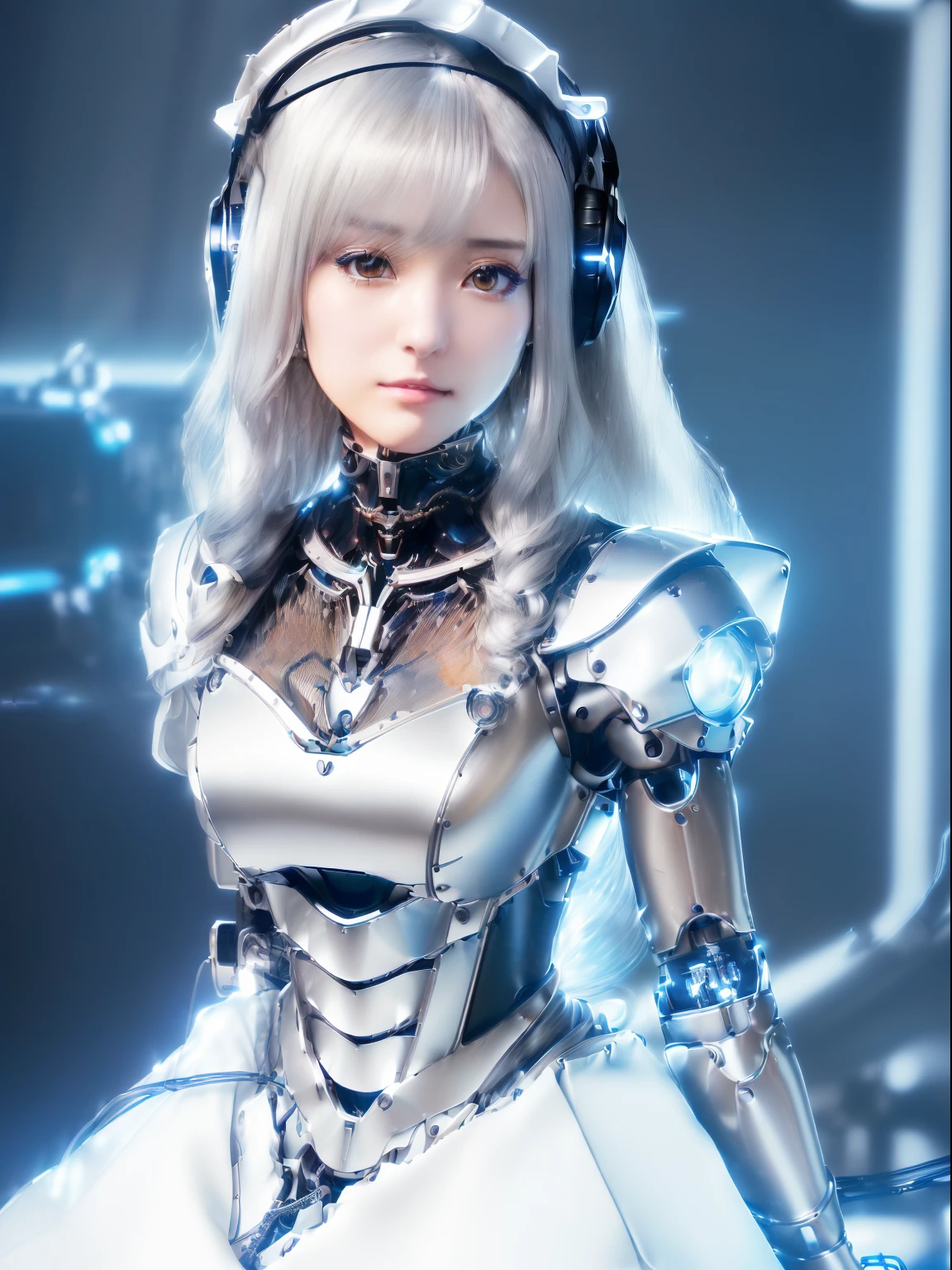 ((masutepiece)), ((top-quality), high quarity、ultra-definition, Realistic,  fulcolor 、One beautiful robot woman、Joints of machines、Frame of the machine、Thick wire joints、White porcelain mechanical armor、(Curvaceous face)、deadpan、((Electronic substrate))、straight haired、Wide Shot、Get on your knees、head gear、(maid clothes)