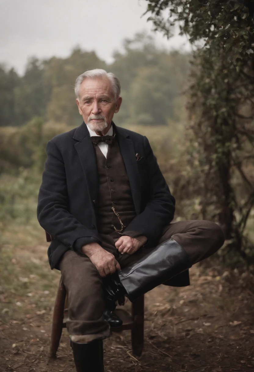 Old gentleman with a goatee,sit on chair,Eyes look at boots,Black high-gloss rain boots, 8K分辨率,Wallpaper masterpiece,Best quality,Highly meticulous,Ultra high quality
