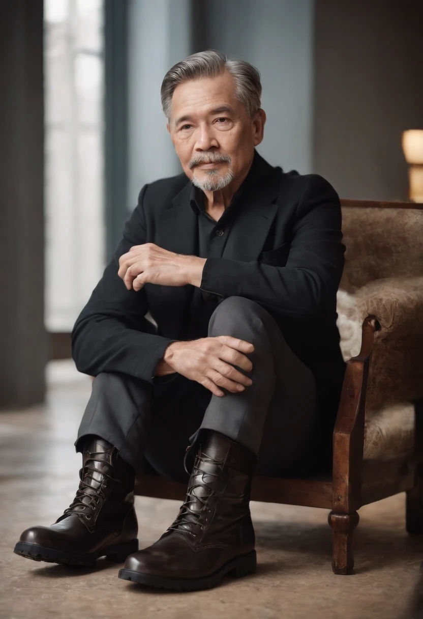 Old gentleman with a goatee,sit on chair,Eyes look at boots,Black high-gloss rain boots, 8K分辨率,Wallpaper masterpiece,Best quality,Highly meticulous,Ultra high quality