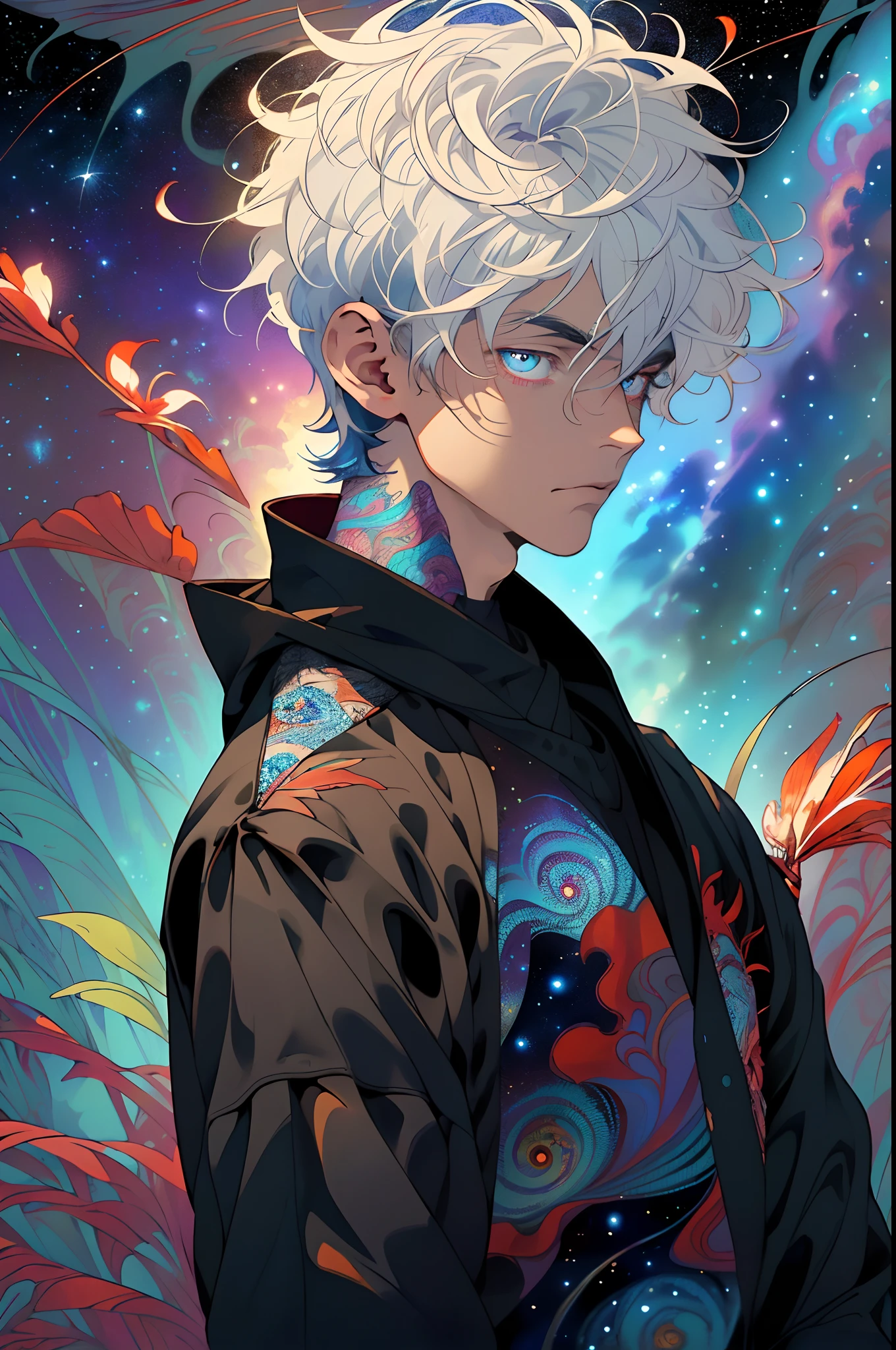Realistic, (Masterpiece, Top Quality, Best Quality, Official Art, Beauty and Aesthetics: 1.2), Very Detailed, Fractal Art, Colorful, Most Detailed, Zentangle, (Abstract Background: 1.5) (1boy: 1.3), God, White Hair, Short Hair, (Glowing Blue Eyes), Mysterious, Starry Sky, Handsome Man, (((Lycoris radiata)))