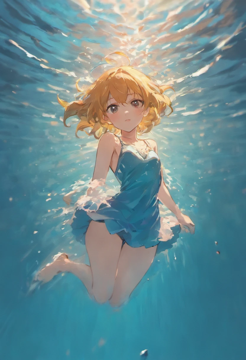 A girl falls into the water, With his back to the camera, Sideways, letterboxed, partially underwater shot, wide shot, atmospheric perspective, panorama