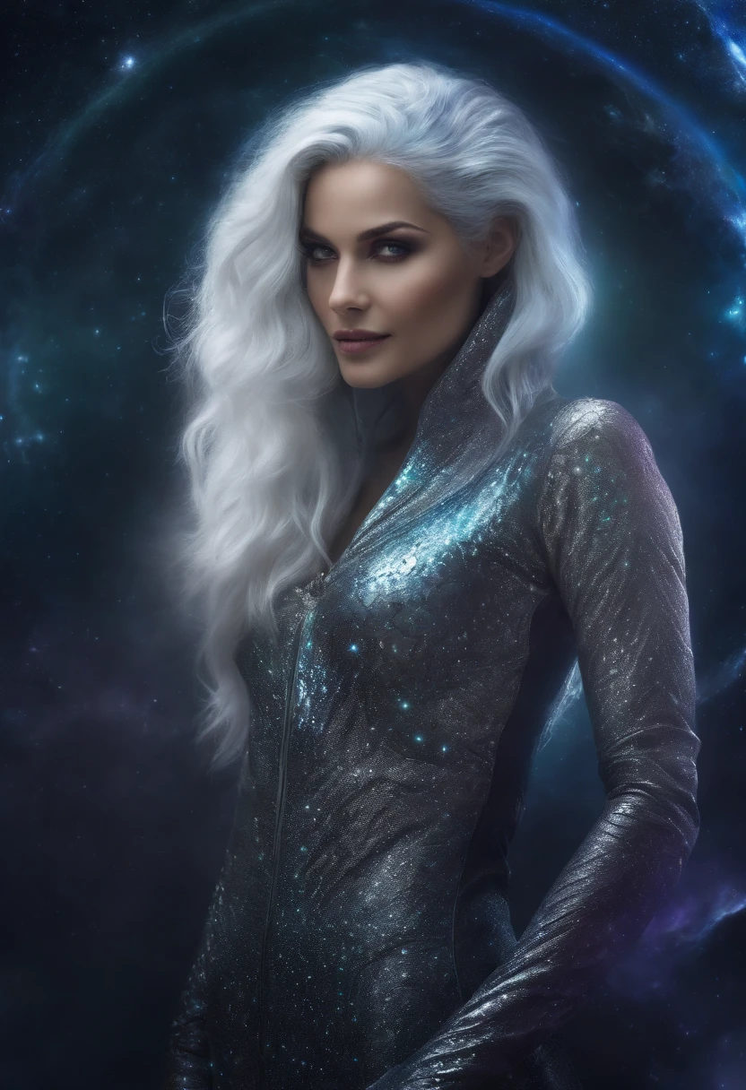 cosmic background,Mysterious woman with beautiful silver hair with alien-like color, Smiling，adult-like
