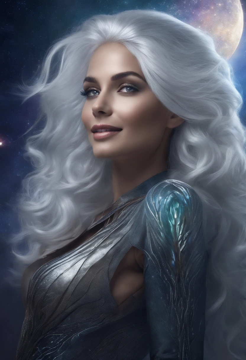 cosmic background,Mysterious woman with beautiful silver hair with alien-like color, Smiling，adult-like