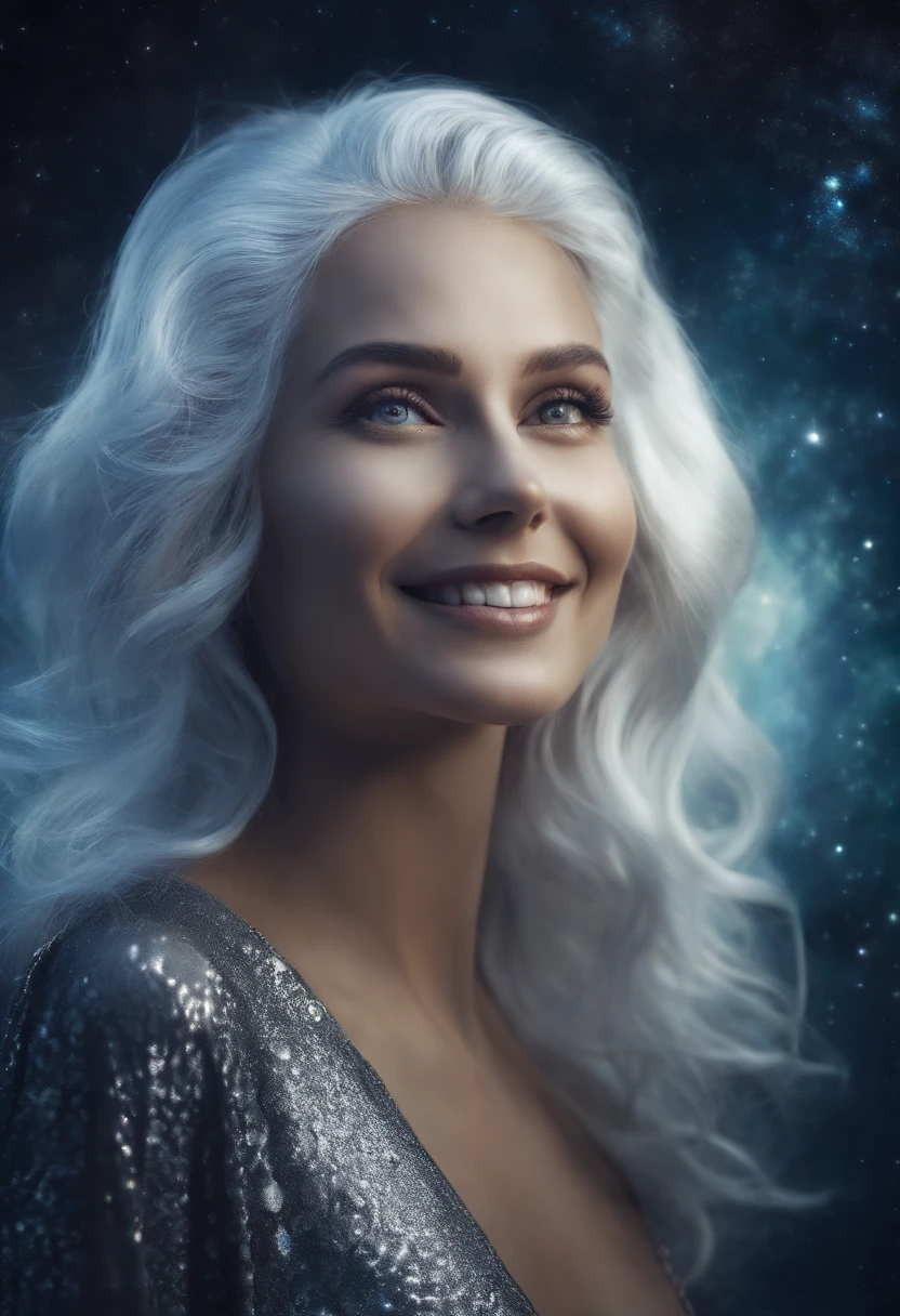 cosmic background,Mysterious woman with beautiful silver hair with alien-like color, Smiling,adult-like
