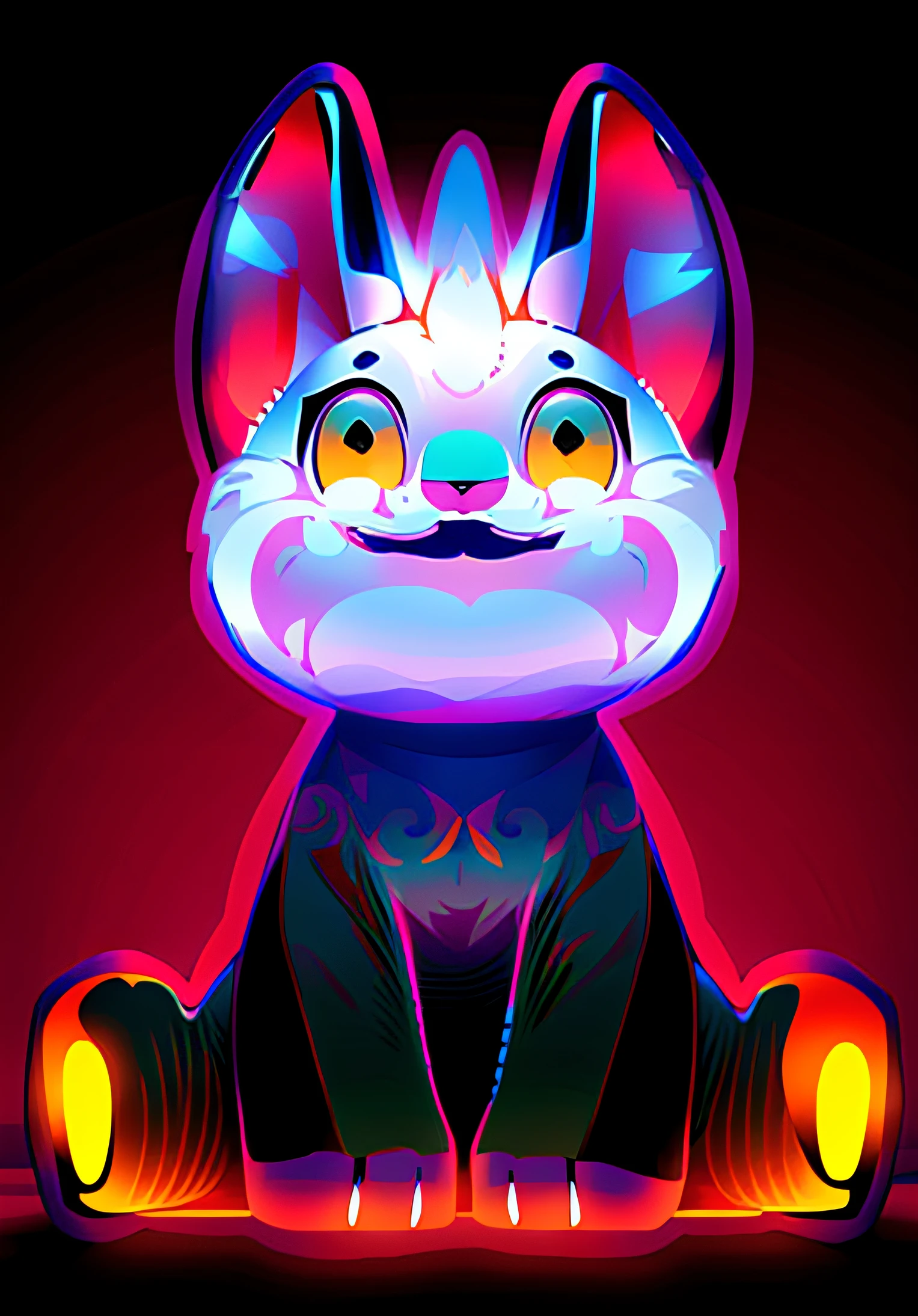 A cartoon cat with a big smile, Tiki, Ori, negao, poser, disney stylized furry, black and white vector art, anthropomorphic cat, inspired by Shūbun Tenshō, pooka, tchibi, happy big chungus, Official illustration, detailed rabbit in the middle,Sit on the roof of the tile house,Watch the unique architecture and colorful lights create a dreamy atmosphere,