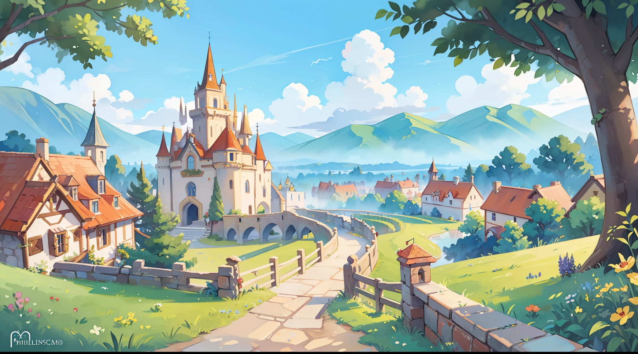 ((picture book illustration)), fantasy landscape, watercolor illustration, whimsical, warm colors, fairytale castle and village, ((princess castle)), fairytale medieval style houses, ((masterpiece)), highly detailed environment