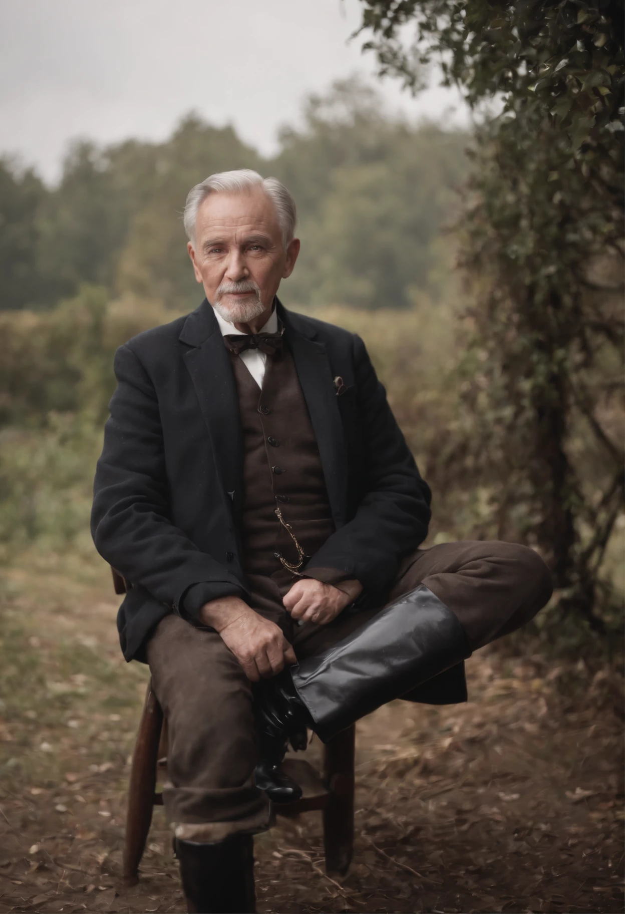Old gentleman with a goatee，sit on chair，Eyes look at boots，Black high-gloss rain boots, 8K分辨率,Wallpaper masterpiece，Best quality，Highly meticulous，Ultra high quality
