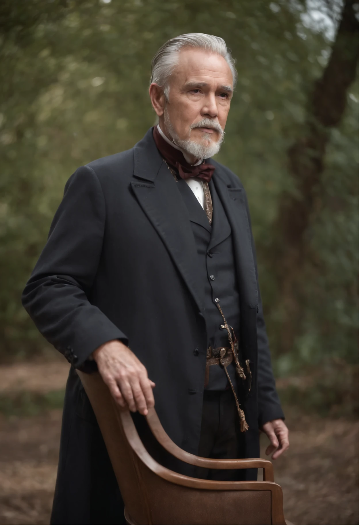 Old gentleman with a goatee,sit on chair,Eyes look at boots,Black high-gloss rain boots, 8K分辨率,Wallpaper masterpiece,Best quality,Highly meticulous,Ultra high quality