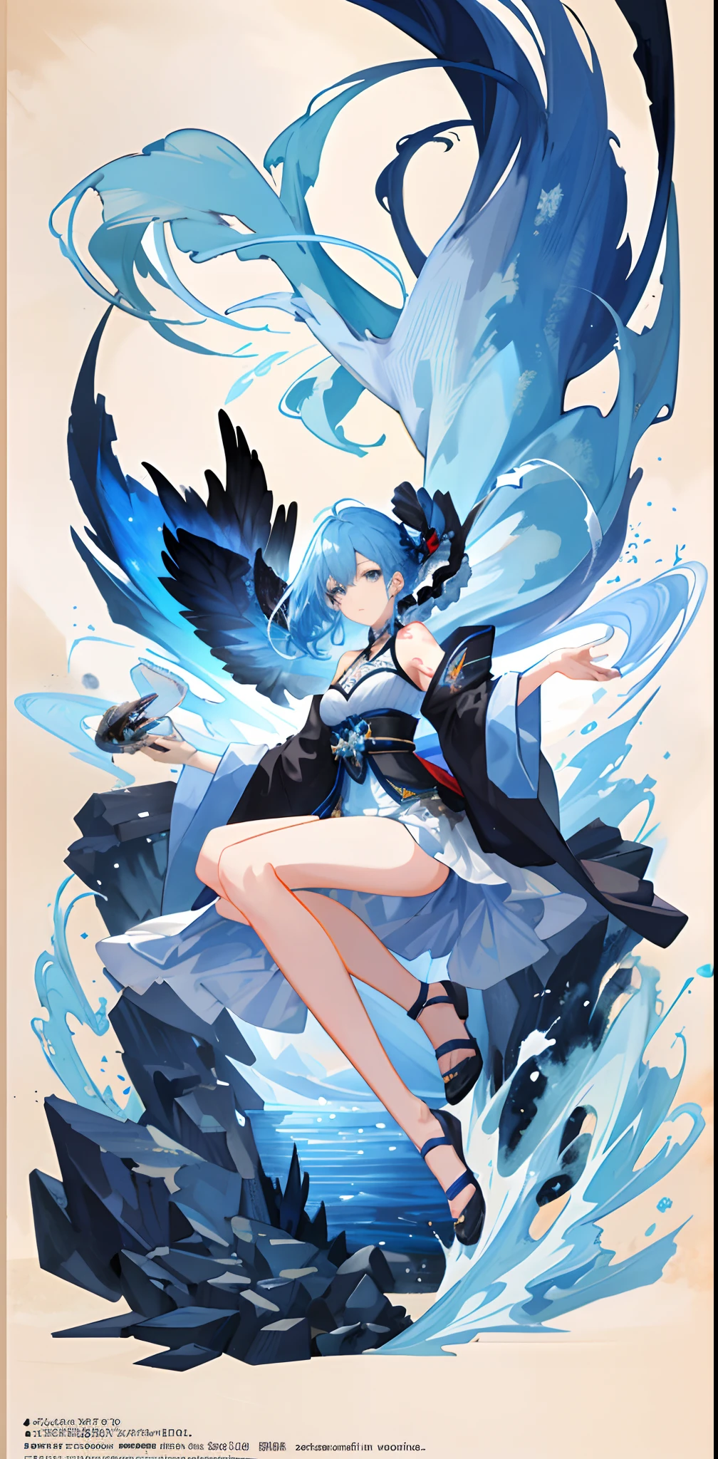 Ultra-high definition 2D art, close-up (1 woman), light blue hair, 2D animation style, soft and delicate depiction, attention also on her full-body tattoos (full-body art), landscape mode, masterpieces by Guweiz and James Jean, tattoo expert designs by CGSCOSITY, etc. A beautiful blue-haired girl who became a hot topic at the trend art station of Japan.