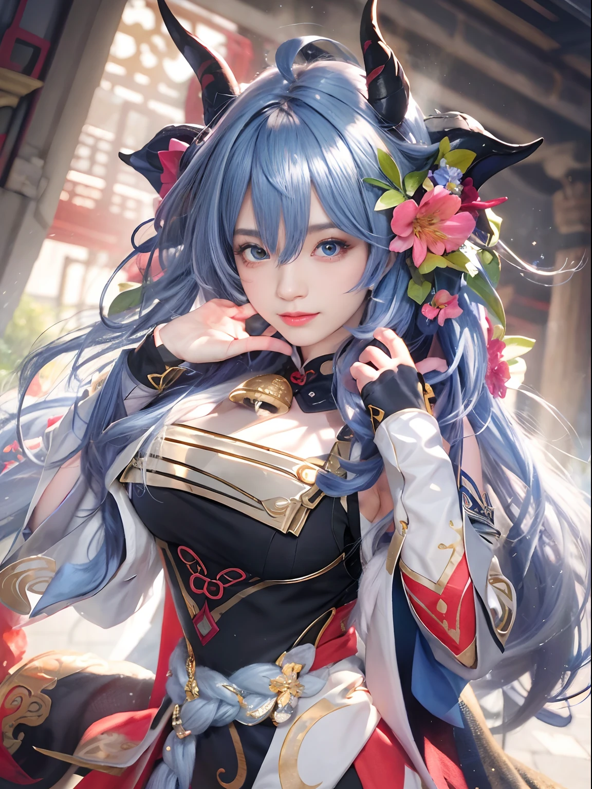 (photorealistic:1.4), (masterpiece, sidelighting, finely detailed beautiful eyes: 1.2), masterpiece*portrait, realistic, 3d face, 
ganyu \(genshin impact\), 1girl, ahoge, architecture, bangs, bare shoulders, bell, black gloves, black pantyhose, (blue hair), blush, breasts, chinese knot, detached sleeves, flower knot, gloves, horns, long hair, looking at viewer, medium breasts, neck bell