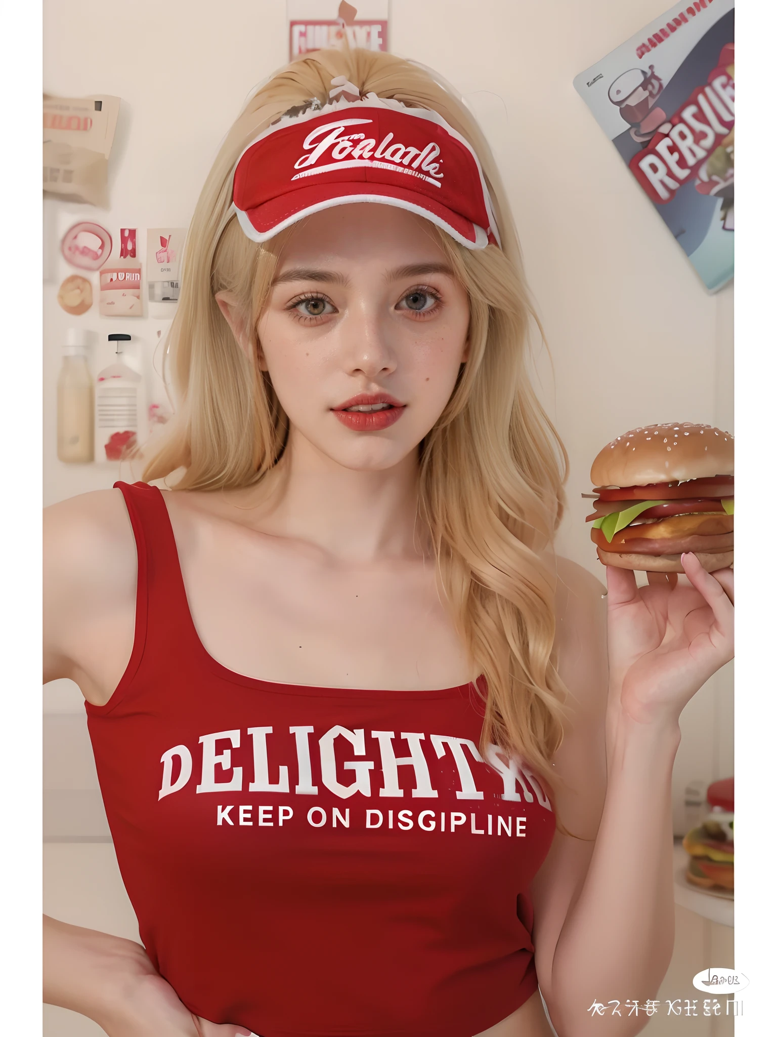 (best quality,4k,8k,highres,masterpiece:1.2),ultra-detailed,(realistic,photorealistic,photo-realistic:1.37),blonde woman wearing a red shirt holding a hamburger, wearing a hat, beautiful dolphin, joy, delicious, eating a bra, bra, red hat, delicious, ketchup, red vest, wearing a red vest, extremely happy, cute girl in a vest dress, photo of a slim girl model, lo-fi girl aesthetic, red hat, soda-themed girl, wearing a red hat)