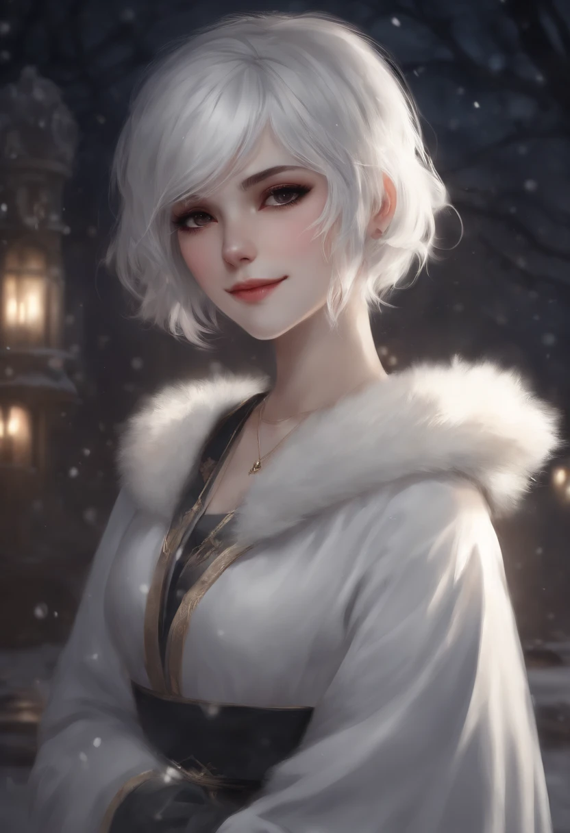 Girl with short white hair style anime semi realistic psychotic smile dark environment, lone, anime sombrio, fundo com neve, menina adolescente, Semi realistic, Villain, ambiente escuro dark, psicopata, sociopata, neve de fundo, personagem maligna, machiavellian, jovem, teen