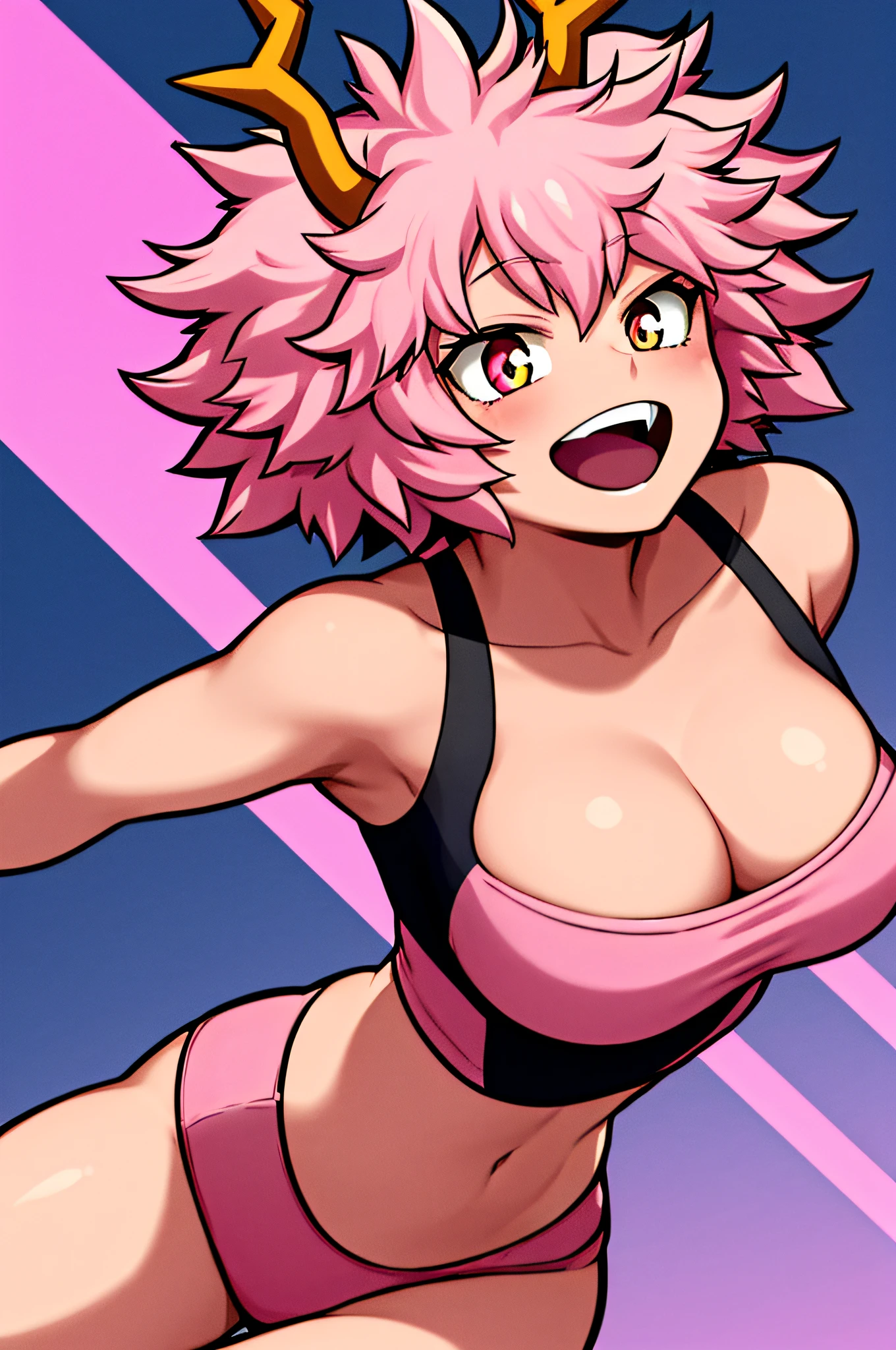 horikoshi kouhei, 1girl, ashido mina, bare shoulders, boku no hero academia, cleavage, colored skin, highres, medium breasts, pink hair, pink skin, solo, antlers, illustration, vibrant colors, soft lighting