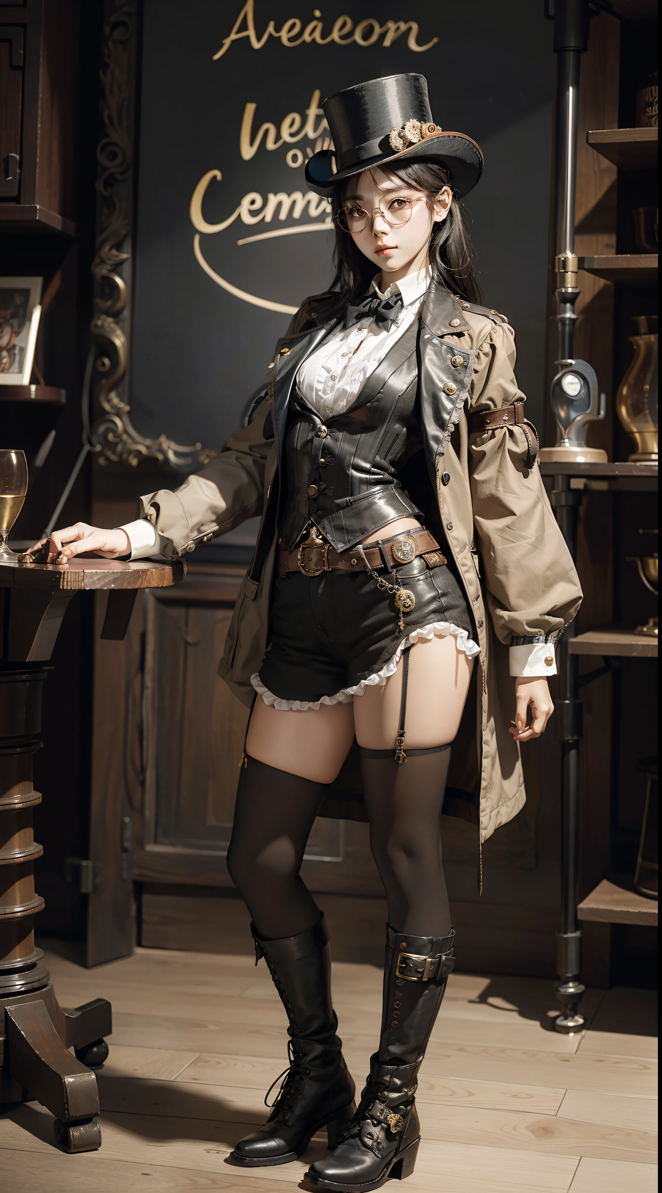 Young girl, short girl,steampunk, top hat, wearing glasses, workshop, boots, Korean girl, small chest