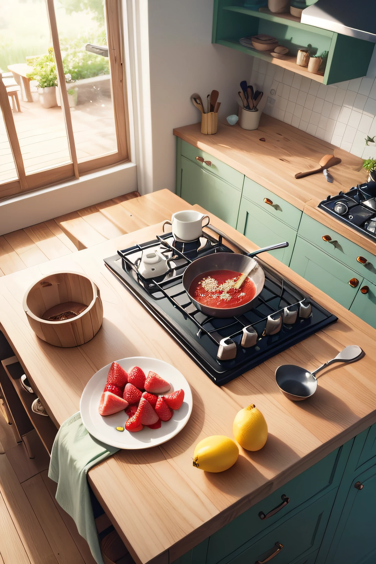 Imagine a sturdy wooden table, full of ingredients used for cooking. On top of it, there is a pile of soft white flour, spread carelessly, with little clouds of flour floating in the air. Next to the flour, Eggs with broken shells and some already beaten in a bowl are found. There's also a cutting board with colorful slices of fresh fruit, like juicy red strawberries and yellow pineapple slices. Additionally, a variety of kitchen utensils, such as wooden spoons and whisks, are scattered across the table. In the corner of the kitchen, a bright, heated oven is open, revealing a cake being prepared