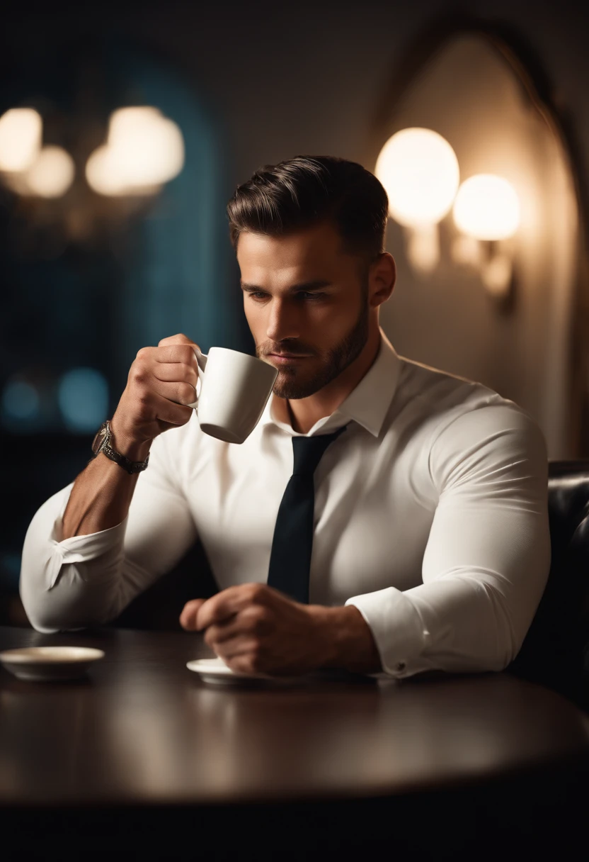1man, 
a 30 y.o muscular male wearing long-sleeve white shirt and tie, drinking coffee,
soft lighting, 
masterpiece, best quality, 8k uhd, dslr, film grain, Fujifilm XT3 photorealistic painting art by midjourney and greg rutkowski