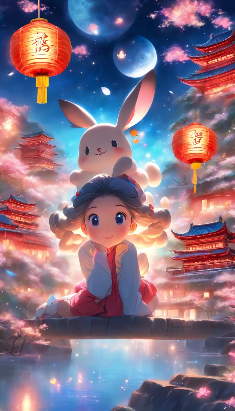 （full bodyesbian：1.25），Faraway view，（faded：1.3），extremely colorful，（tmasterpiece：1,2），best qualityer，extremely detailed CG  8k wallpaper，best qualityer，A high resolution，Original，extremelydetailedwallpaper，（solo person：1.25），one-girl，Detailed and beautiful face，Girl sitting on the moon，There are mooncakes on the table，Behind you is a snow-covered Chinese palace，There is a rabbit at Chang'e's feet，Starry sky and blue earth as background，