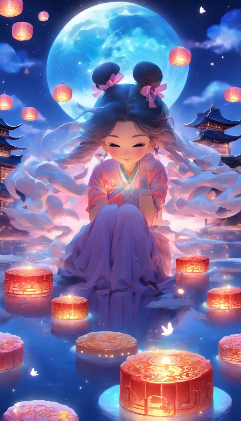 (full bodyesbian:1.25),Faraway view,(faded:1.3),extremely colorful,(tmasterpiece:1,2),best qualityer,extremely detailed CG 8k wallpaper,best qualityer,A high resolution,Original,extremelydetailedwallpaper,(solo person:1.25),one-girl,Detailed and beautiful face,Girl sitting on the moon,There are mooncakes on the table,Behind you is a snow-covered Chinese palace,There is a rabbit at Chang'e's feet,Starry sky and blue earth as background,