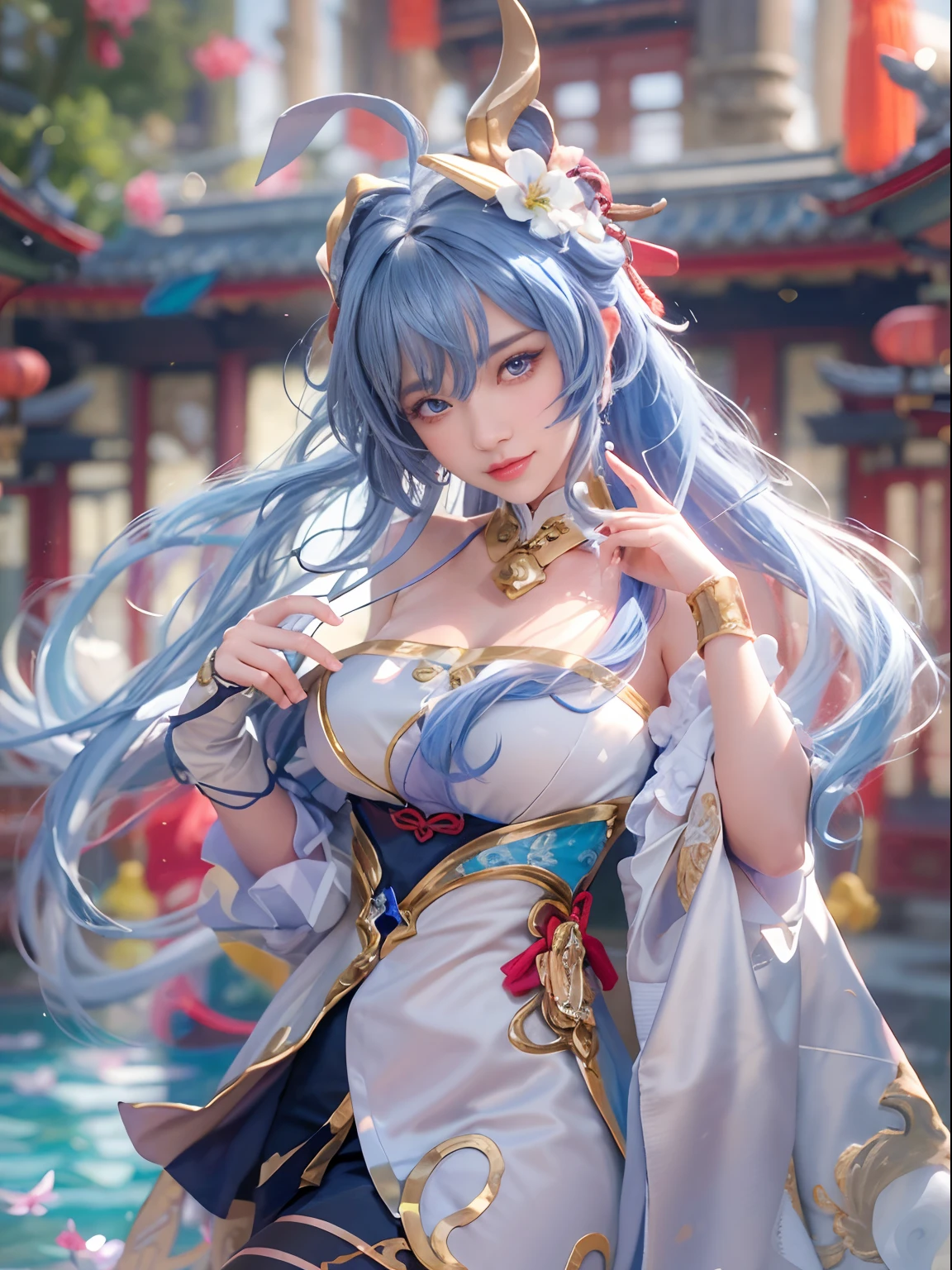 pphotorealistic, high resolution, 1 woman, blue long hair, beautiful eyes, normal breast, ganyu clothes,gloves, horns, neck bell, pantyhose, purple eyes, sidelocks, tassel, white sleeves,(ganyu \(genshin impact\))