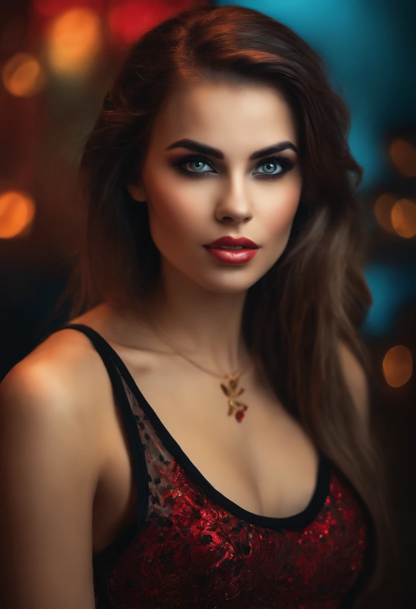 black hair with red highlights bare shoulders, crossed arms, muscular, blue eyes, view from below, smug smile on her face, small breast, femdom