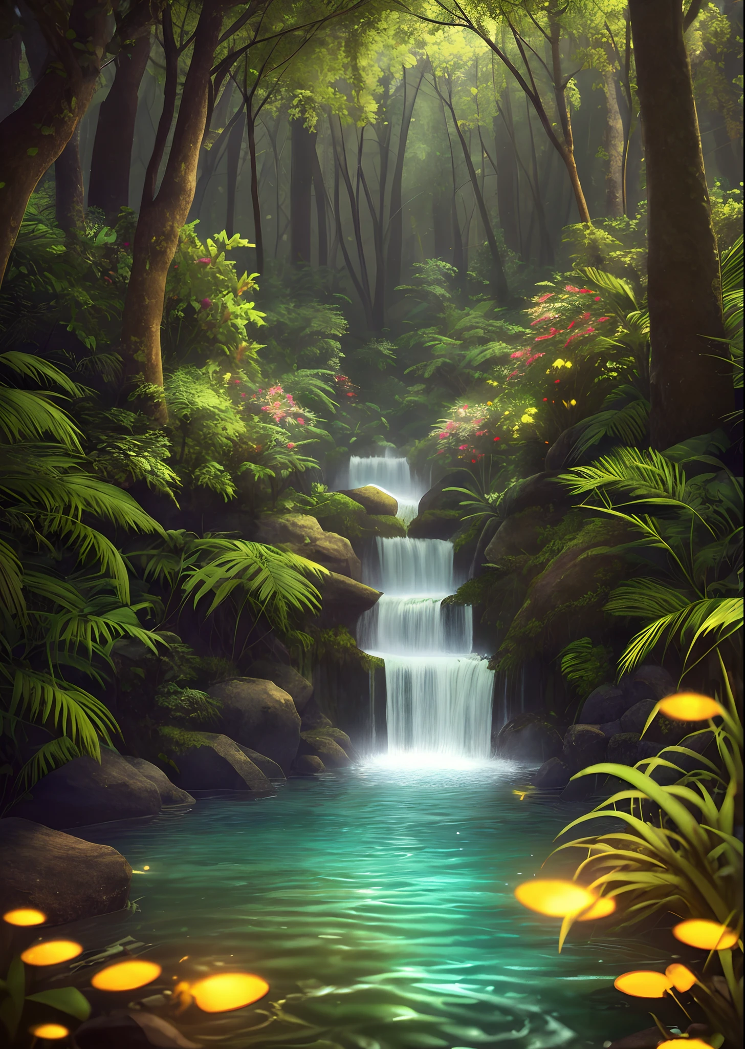 Masterpiece, best quality, (very detailed CG unity 8k wallpaper), (best quality), (best illustration), (best shadows), glow sprite, with a glowing deer, in the swimming pool Drinking water, natural elements in the forest theme. Mysterious forest, beautiful forest, nature, surrounded by flowers, delicate leaves and branches surrounded by fireflies (natural elements), (jungle theme), (leaves), (twigs), (fireflies), (particle effects) etc. 3D , Octane rendering, ray tracing, super detailed --auto --s2
