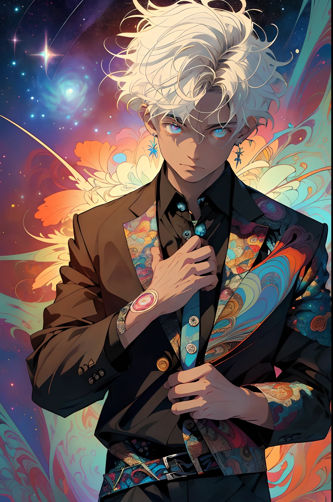 Realistic, (Masterpiece, Top Quality, Best Quality, Official Art, Beauty and Aesthetics: 1.2), Very Detailed, Fractal Art, Colorful, Most Detailed, Zentangle, (Abstract Background: 1.5) (1boy: 1.3), God, White Hair, Short Hair, (Glowing Blue Eyes), Mysterious, Starry Sky, Handsome Man, (((Lycoris radiata)))