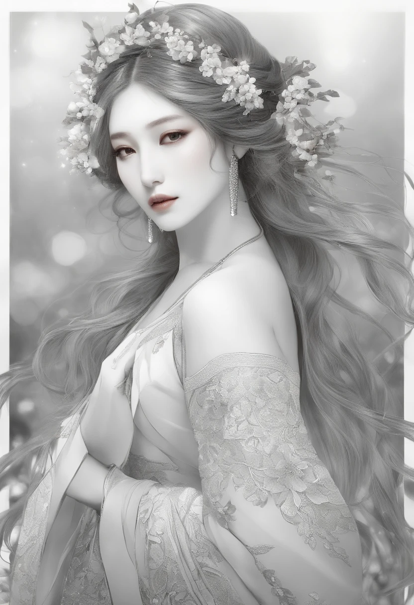 masterpiece、top-quality、hight resolution、High-quality images、8K、Silver metallic、grayscales、skin gloss、Texture of skin and clothing、细节、portlate、Detailed eye expression、Lustrous hair、poneyTail、Braided hair、full body Esbian、dong、spear、evening primrose、by mucha、
