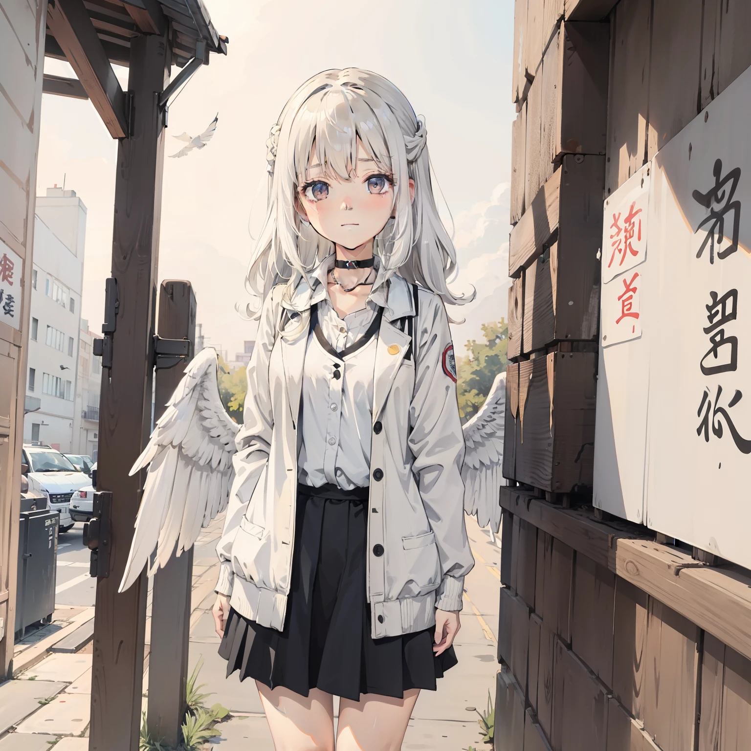 1girll, Medium breasts, Blonde hair, Long hair, Wavy hair, With gray eyes, White feathered wings, Outdoors, White jacket, choker necklace, vests, one-girl，Loli,elementary student，独奏, (with short white hair:1.2),