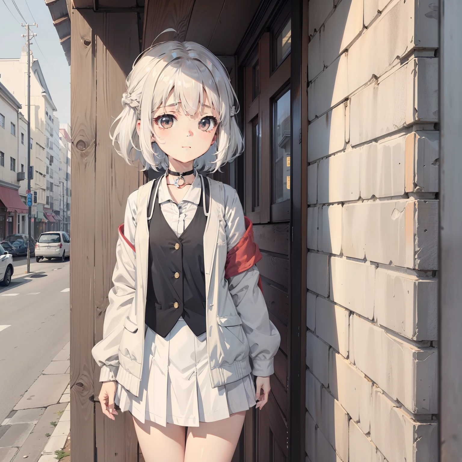 1girll, Medium breasts, Blonde hair, Long hair, Wavy hair, With gray eyes, White feathered wings, Outdoors, White jacket, choker necklace, vests, one-girl,Loli,,独奏, (with short white hair:1.2),
