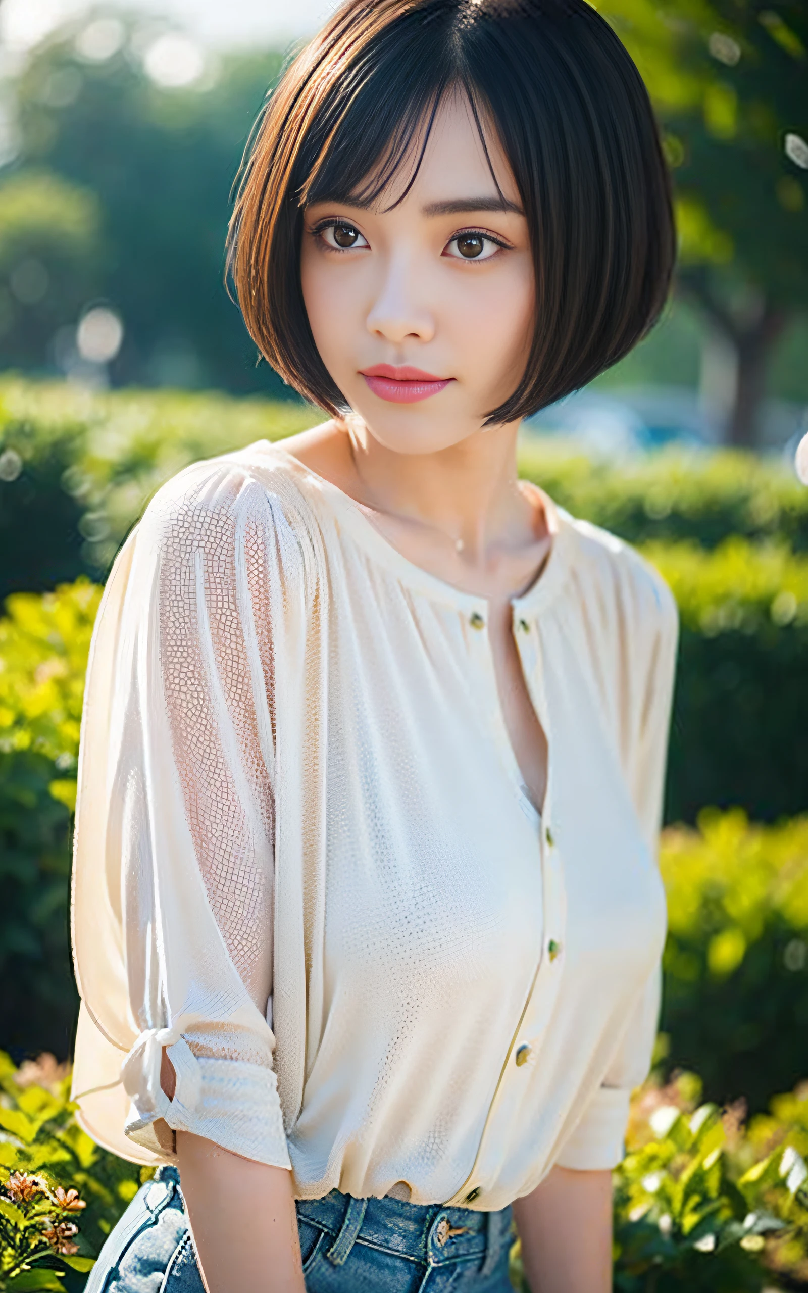 ((Best Quality, 8K, masutepiece: 1.3)), Sharp Focus: 1.2, A pretty woman with perfect figure, ((Layered Haircut)), (White shirt with buttons: 1.1), Highly detailed face and skin texture, Detailed eyes